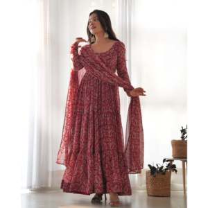 Magnifique robe Anarkali en coton pour les fêtes, taille XS, avec pantalon et dupatta assortis - Product Image 3