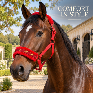 Harnais de cheval en nylon rouge avec rembourrage en fourrure et broderie de cheval dorée |   Collier de tête équestre réglable avec boucles rouges assorties - Product Image 2