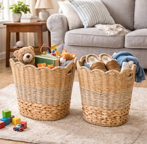 Cestas de Almacenamiento de Jacinto de Agua con Borde Festoneado y Asas, Ecológicas, Rústicas, Multiusos para el Hogar - Product Image 3