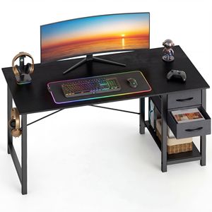 Modern Simple 47 Inch Computer <b>Desk</b> with 2 Tier Drawers Storage <b>Shelf</b> Headphone Hook for Bedroom Study - Product Image 1