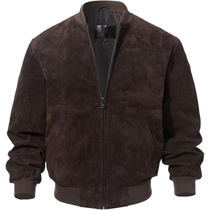 Brown <b>Suede</b> Bomber <b>Jacket</b> Casual Stand Collar Zipper Closure Regular Fit Autumn Outerwear - Product Image 1