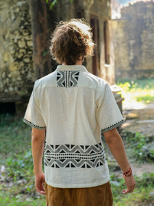Chemise à manches courtes en coton blanc pour homme, faite à la main, imprimée au bloc, élégante, ethnique, décontractée, pour l'été, à boutons - Product Image 5
