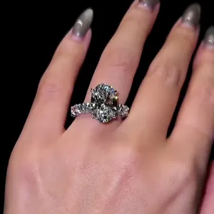Moissanite Engagement <b>Ring</b> 925 Sterling Silver Oval Cut Double Halo Wedding <b>Ring</b> for Women - Product Image 5