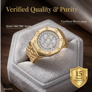 Anillo Premium de Oro Amarillo de 18k con Eslabones Octagonales, Diseño Pavé con Tornillos y Racimo de Diamantes Naturales, Joyería Hip Hop para Hombre, Regalo de Navidad - Product Image 4