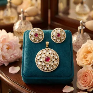 Antique Gold Plated Stylish Designer Kundan Pendent <b>Necklace</b> <b>Set</b> With <b>Earrings</b> for Women <b>And</b> Girls Wedding Wear Parties Wear - Product Image 1
