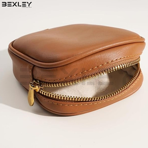 Tan Rounded Square Cosmetic Leather Bag Compact Zipper <b>Makeup</b> <b>Case</b> Custom Logo Private Label OEM ODM Wholesale Supplier - Product Image 4