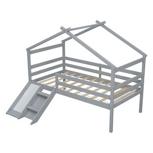 Letto a soppalco doppio per bambini grigio con scivolo, scaletta e sponde di sicurezza, struttura a tetto di casa - Product Image 2