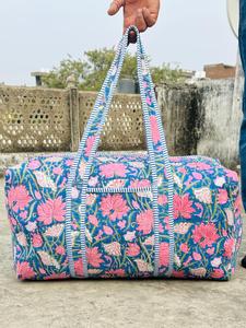 Handmade Floral Print Duffel <b>Bag</b> Blue Pink Cotton Quilted Weekender Travel <b>Bag</b> <b>Large</b> Capacity Zipper Closure - Product Image 3