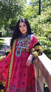 Elegant Deep Pink Afghan Party Dress With Modern Minimalist Golden Embroidery Accents And <b>Flared</b> Cuffs - Product Image 3