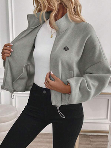 Stand Collar Women Sweatshirts Full Zip Solid Gray Cotton Fleece Oversized Drawcord Hem High Street Hoodies Custom Logo Bulk - Product Image 3