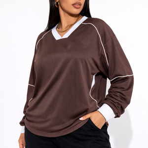 Maillot de football américain oversize marron en maille pour femme, manches longues, respirant, en polyester, style streetwear, avec empiècements contrastants, marque privée - Product Image 1