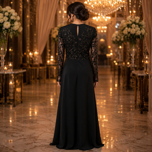 Vestido de Noche Negro Bordado de Lujo para Mujer, Elegante Vestido Largo de Manga Larga, Diseño Premium para Fiestas, Bodas y Eventos Formales - Product Image 4