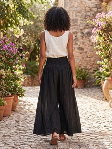 Pantalon Harem Noir Élastique Taille Haute pour Femme, Coupe Ample Jambe Large, Longueur Cheville, Style Bohème Uni, Coton Écologique d'Été - Product Image 5