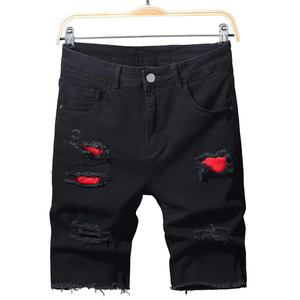 Shorts en jean déchirés brodés avec logo, coupe droite, style streetwear décontracté pour homme, idéal pour l'été - Product Image 1