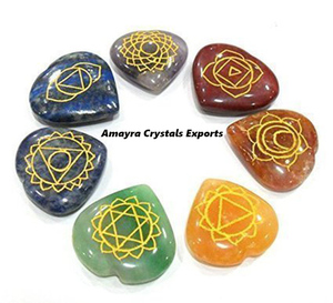 Gemstone 7 Chakra Engraved HEART Shape <b>Set</b> Customization with Wooden Box Natural Stone Wholesale Amayra <b>Crystals</b> Home Decoration - Product Image 5