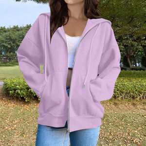 Sweat-shirts coréens à capuche en polaire unie pour femmes, à la mode, à manches longues, avec cordon de serrage, poches, fermeture éclair, coupe ample, noirs, personnalisables - Product Image 4