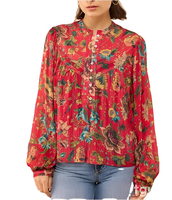 Red Lace Stand Collar Fashion Button-Up Women's Vintage Woven Party Blouse with Floral Print Long Sleeve Ruched Eco-Friendly Top