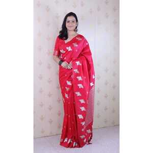 Châle en soie rose douce tissé double Zari Elite Weaves avec bordure à motif oiseau, élégant et féminin - Product Image 2