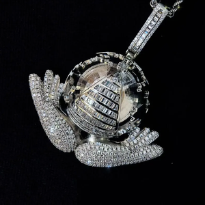 hip hop jewellery moissanite iced out <b>globe</b> pyramid pendant with hands luxury <b>world</b> symbol bling silver tone design - Product Image 3