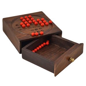 Jeu de solitaire en bois artisanal indien avec tiroir de rangement (rouge, 5 x 5 pouces) - Product Image 4