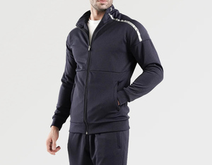 Men's Navy Hooded <b>Zip</b>-<b>Up</b> Tracksuit <b>Jacket</b> With Side Pockets Breathable Casual Full Sleeve Solid Design Autumn Wear - Product Image 1
