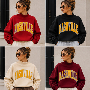 Sudadera Oversize de Cuello Alto para Mujer con Estampado de Letras OEM Nashville, 100% Algodón, Estilo Urbano Otoñal, Retro Universitario de Music City - Product Image 3