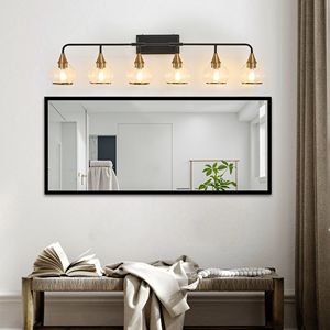 Applique da Bagno Moderna a 6 Luci da 48 Pollici, Nero e Oro, con Paralumi in Vetro Trasparente, Illuminazione Industriale a Parete - Product Image 1