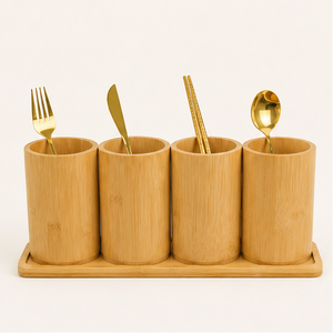 Porte-couverts en bambou écologique à 4 compartiments avec plateau de base, organiseur d'ustensiles en bois naturel pour comptoir de cuisine, en promotion - Product Image 2