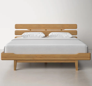 Cadre de lit plateforme moderne en teck massif avec tête de lit à lattes horizontales doubles, pieds effilés, style minimaliste contemporain pour chambre à coucher - Product Image 2