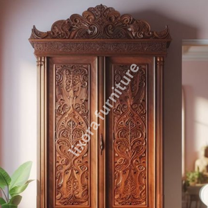 \Luxury Handcrafted Solid Wood 2 Door <b>Wardrobe</b> Ornate Botanical Carving Premium Finish Armoire - Product Image 2