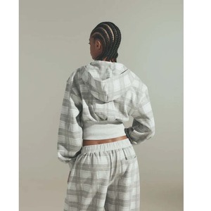 Custom Logo <b>Womens</b> <b>Tartan</b> Plaid Cropped Hoodie Wide Ribbed Hem Drawstring Long Sleeve Pullover Sweatshirt - Product Image 3
