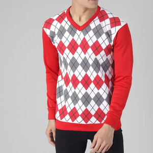 Mens Red White Grey <b>Argyle</b> Print Crew Neck Sweatshirt Long Sleeve Casual Pullover Streetwear Fashion Top - Product Image 3