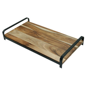 Bandeja de Servir Rectangular de Madera de Acacia con Asa Metálica, Tabla de Charcutería, Bandeja de Desayuno Otomana, Decoración de Mesa - Product Image 1