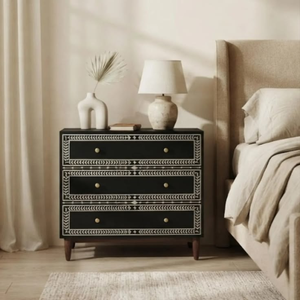 Handcrafted <b>Black</b> Bone Inlay Nightstand 3 Drawer Geometric <b>Bedside</b> <b>Table</b> for Home Decoration - Product Image 6