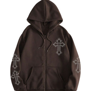 Sudadera con capucha extragrande informal de algodón grueso para hombre con cremallera completa y pedrería, logotipo personalizado con OEM - Product Image 6