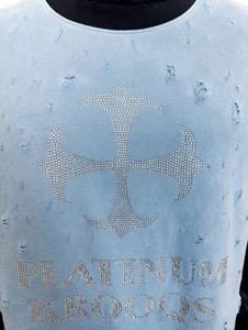 Custom High Quality Men Vintage Light Blue Distressed Rhinestone Cross Graphic Oversized Heavyweight Leather Sleeve Layered Top - Product Image 4
