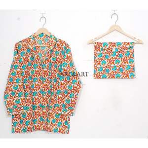 ชุดนอนผ้าฝ้ายสไตล์อินเดีย โบโฮและฮิปปี้ ชุดเสื้อ-กางเกงลายดอกพิมพ์ลายด้วยมือ ชุดนอนสำหรับผู้หญิง ขายส่ง - Product Image 2