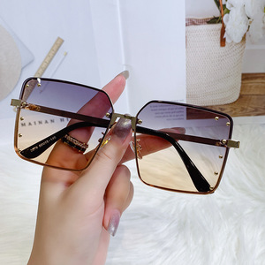 Gradient-tinted Mirrored Sunglasses Trendy Oversized Rimless Driving Shades Flattering for Larger <b>Faces</b> Slimming Effect - Product Image 4
