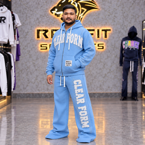 Rexfit Sports Sky Blue Zip Hoodie Wide Leg Sweatpants Men's <b>Applique</b> <b>Letter</b> Rhinestone Detail Heavy Fleece Streetwear Winter Set - Product Image 2