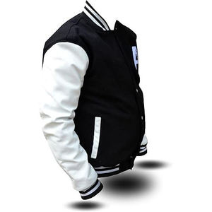 Chaqueta Varsity de PU para Hombre, Negra y Blanca, con Bloques de Color, Botones al Frente, Cuello Alto, Chaqueta Bomber de Béisbol para Invierno - Product Image 5