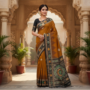 Tissu de sari en soie Patola Orange Pure avec pièce de tissu non cousue pour la blouse |   Vêtements ethniques pour femmes tissés à la main |   Prix de gros en vrac - Product Image 1