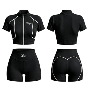 Conjunto de Top de Manga Corta con Cuello Alto y Cremallera, Diseño de Líneas Personalizadas con Logotipo, y Leggings Levanta Glúteos para Mujer 2026 - Product Image 3