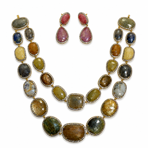 Parure de bijoux de créateur en argent 925 plaqué or avec pierres précieuses multicolores facettées, collier et boucles d'oreilles pour femme, idéale pour les mariages et les fêtes - Product Image 3