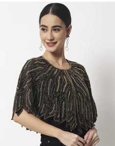 Adult Black Gold Beaded <b>Cape</b> with Leaf Pattern Fringe Decor <b>Wedding</b> Wrap Polyester Embroidery Chandni Export House ODM Supply - Product Image 1
