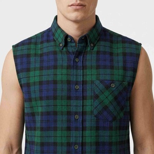 Chemise sans manches en flanelle à carreaux pour homme, coupe ample, avec logo personnalisé, boutonnée, décontractée, en coton, motif vert et bleu, T-shirt pour homme - Product Image 5