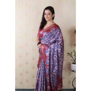 Sari rose abstrait pour soirée, en soie Tussar douce avec châle tissé en zari imprimé - Product Image 3