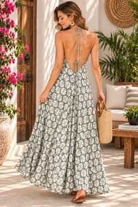 Vestido Maxi Boho con Cuello en V, Estampado Floral, Tirantes Finos, Corte Holgado, Vestido Casual de Verano para Mujer, Tejido Transpirable - Product Image 6
