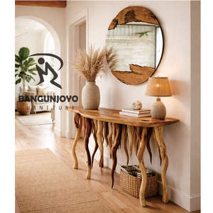 Table console en bois massif avec miroir rond - Design moderne minimaliste, durable et écologique, fabriqué à la main pour le mobilier de salon - Product Image 2