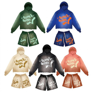 Diseña tu Propio Conjunto de Sudadera con Capucha y Pantalones Cortos Personalizados de Marca Propia, Nueva Colección 2026, Conjunto de Sudadera con Capucha y Pantalones Deportivos, Traje Deportivo con Efecto Lavado Ácido para Hombre - Product Image 1