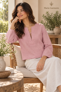 Blusa de Lino Rosa para Mujer, Venta al por Mayor, Manga Larga, Transpirable, Informal, con Botones, Ecológica - Product Image 3